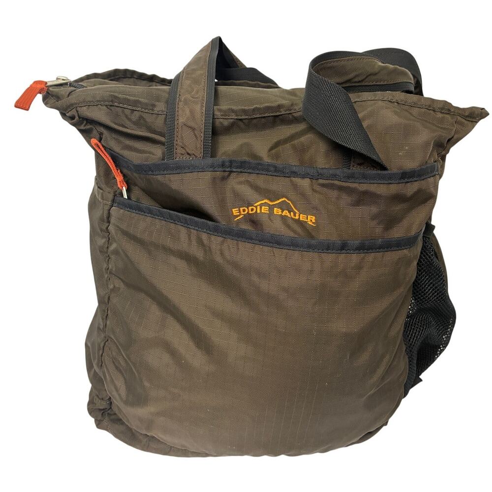 Eddie Bauer Nylon Tote Bag Brown Orange Rip Stop Dual Shoulder Straps Pockets